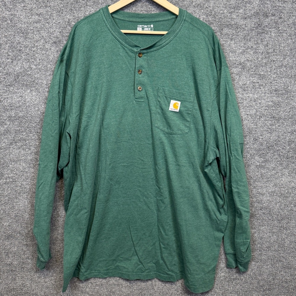 Carhartt Mens Tall Size 3XL Henley T-Shirt Green Loose Fit Long Sleeves Workwear